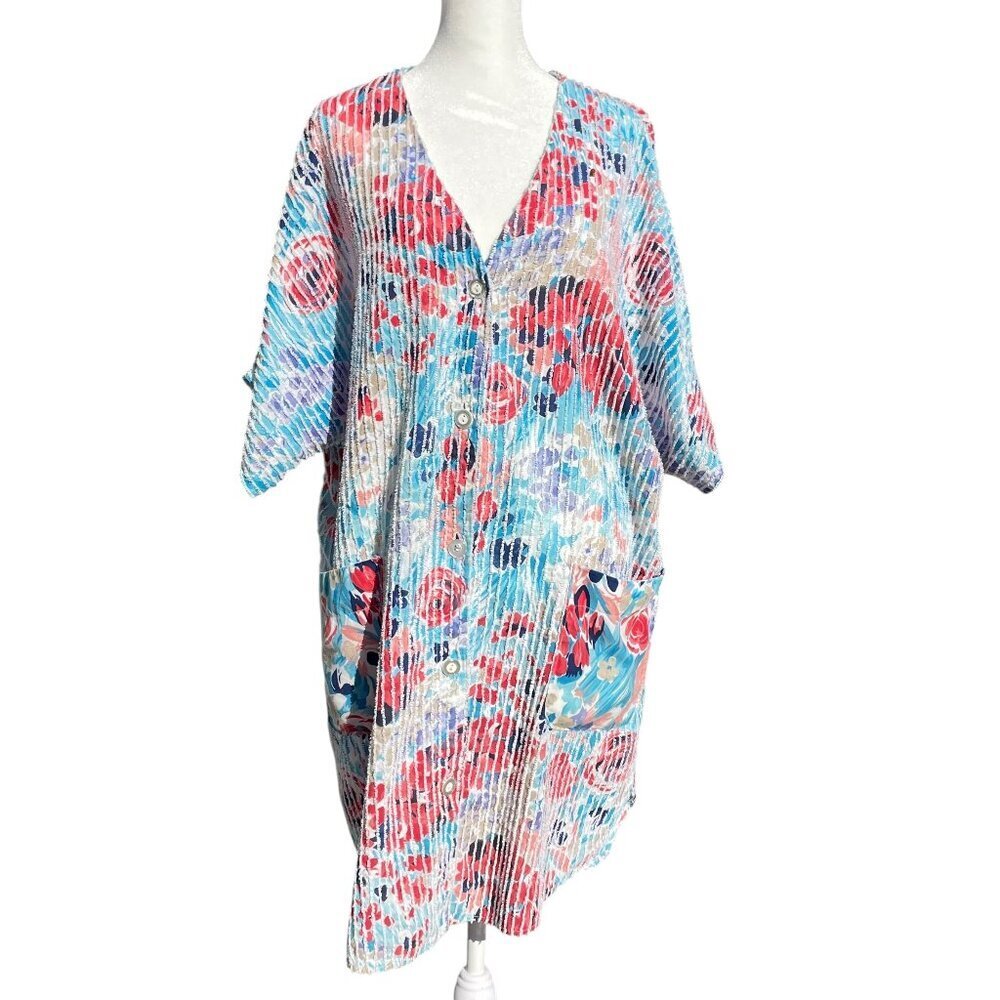 Vintage 1970s Floral Button-Up Housecoat Duster Robe Medium - Picture 3 of 13